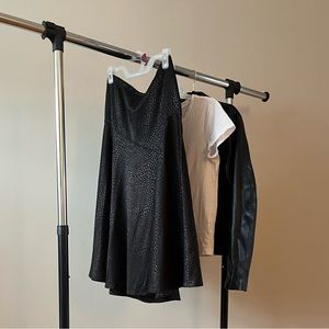 Black satin printed skirt with asymmetrical seams